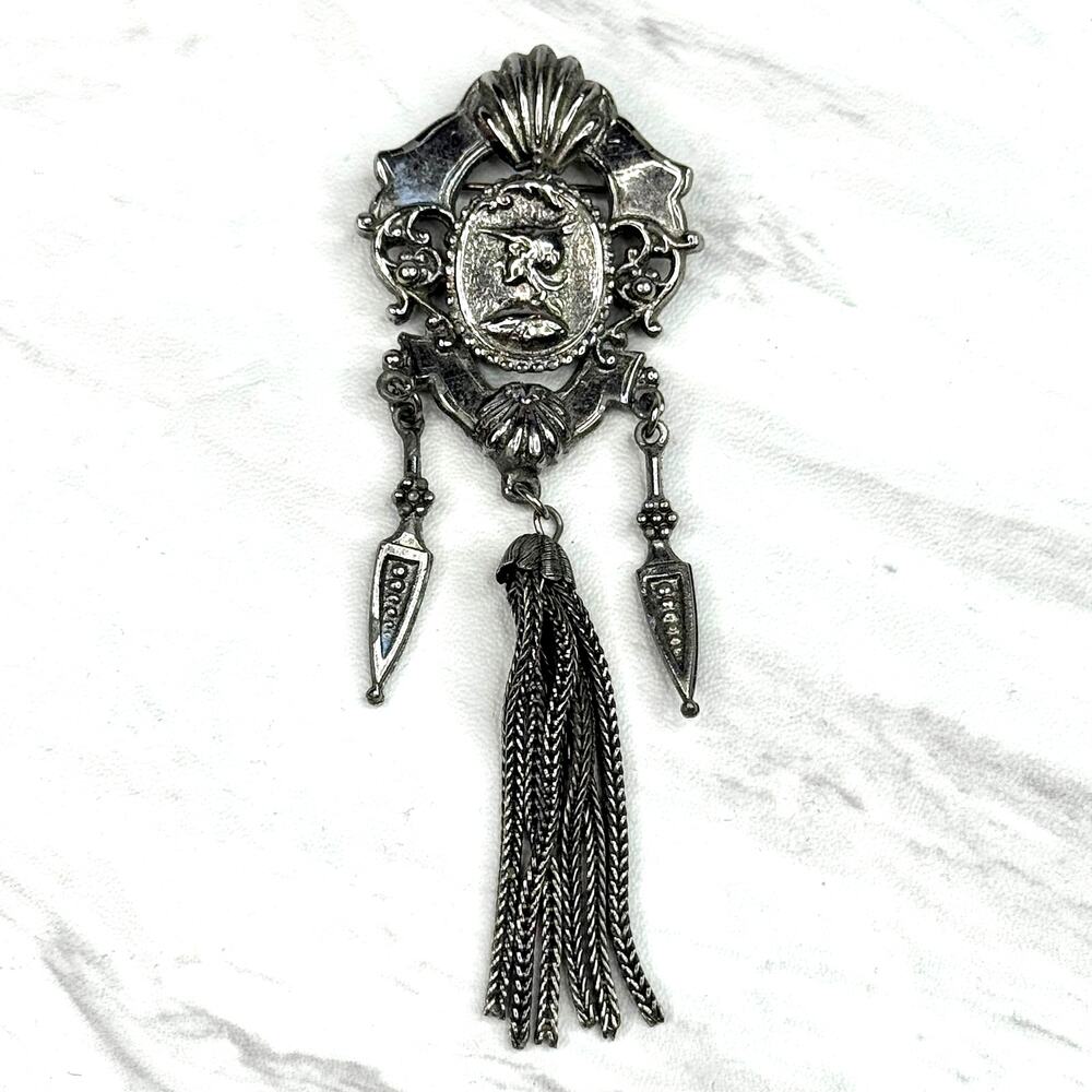 Vintage Pewter Tone Crest Tassel Dangle Brooch